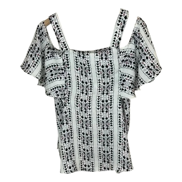 Entro Size Large Geometric Pattern Cold Shoulder Blouse Top Black Stretch Flowy - Picture 2 of 7